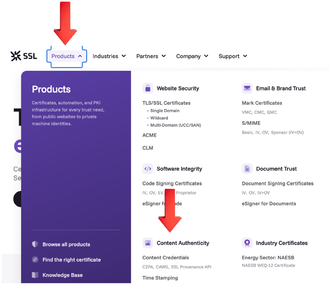 SSL.com Products menu with the Content Authenticity link highlighted