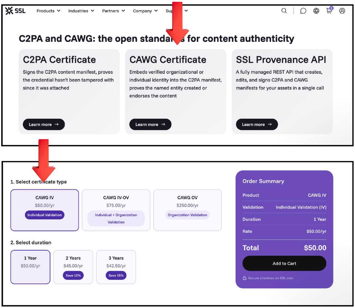 SSL.com CAWG Certificate page and order form with CAWG IV selected
