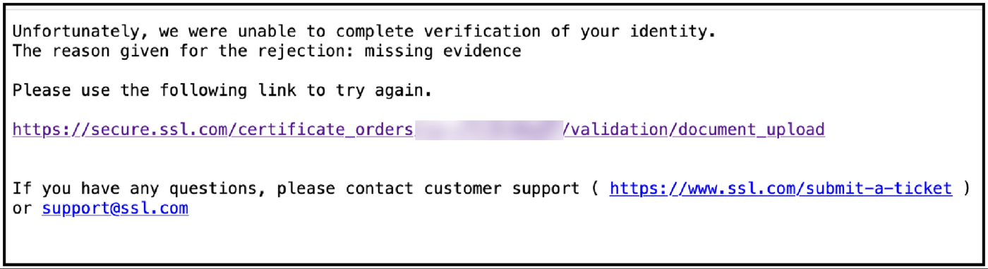 Email from SSL.com saying identity verification could not be completed, with a link to try again