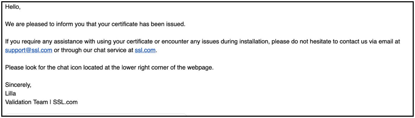 Email from the SSL.com Validation Team confirming the certificate has been issued