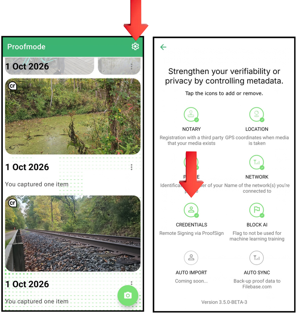 Proofmode for Android home screen with the Settings icon highlighted, and the settings screen with Credentials highlighted