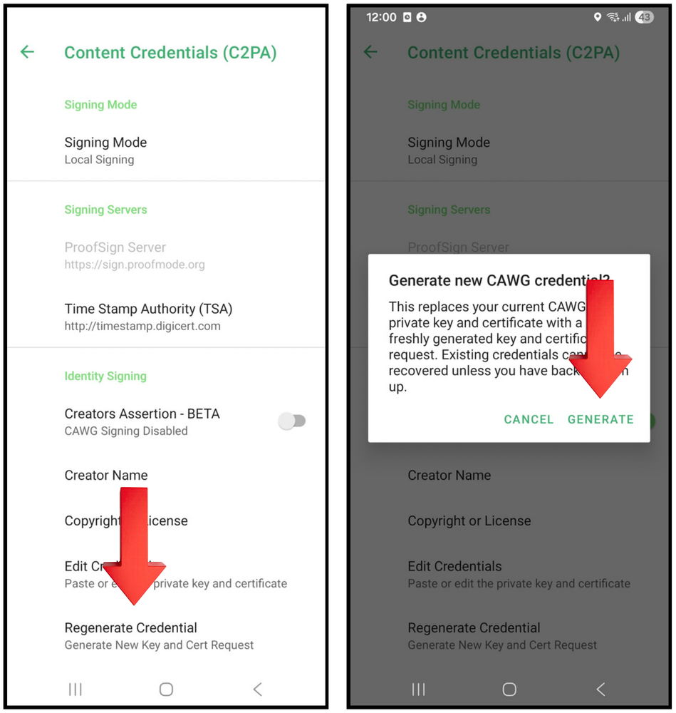 Proofmode Content Credentials settings with Regenerate Credential highlighted, and the Generate new CAWG credential dialog