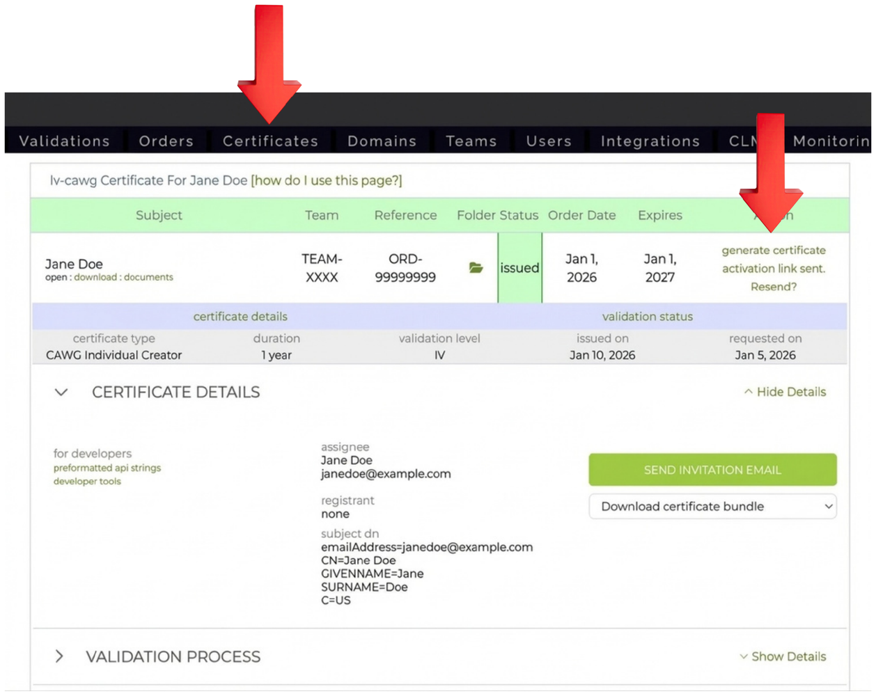 SSL.com account dashboard Certificates tab with the generate certificate link highlighted