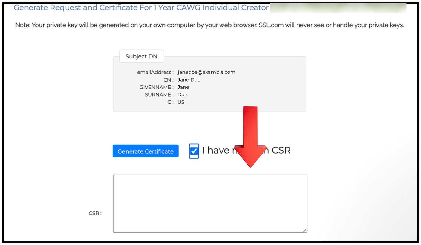 SSL.com form for generating the CAWG Individual Creator certificate, with the CSR field highlighted