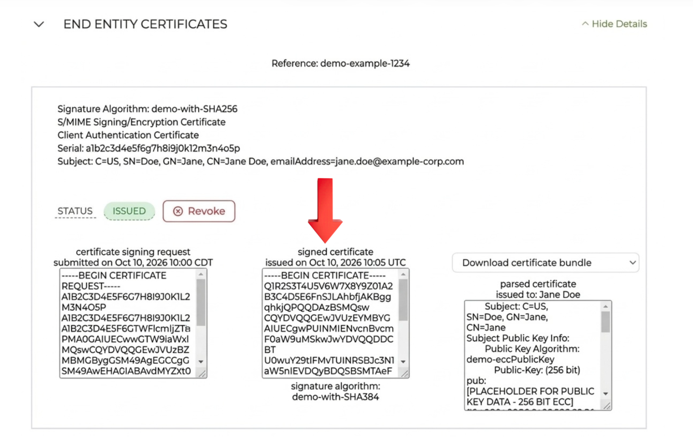 SSL.com End Entity Certificates panel showing the issued, signed certificate text