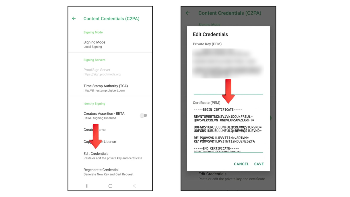 Proofmode Content Credentials settings with Edit Credentials highlighted, and the Edit Credentials dialog with the certificate pasted in