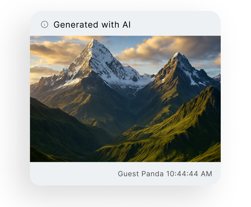 A chat message showing a mountain landscape image with a 'Generated with AI' label above it.