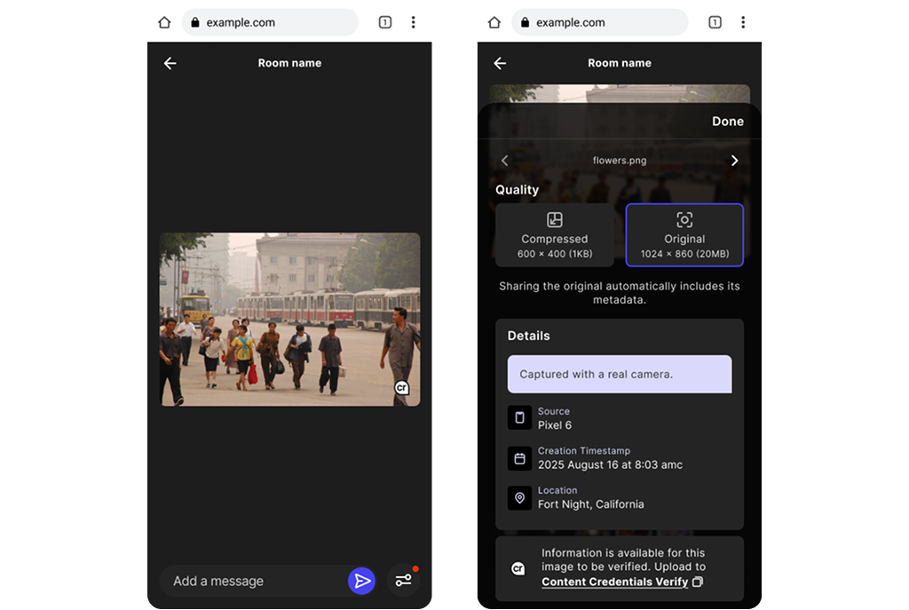 Two phone screens: a photo attached to a message, and the quality and details sheet showing 'Captured with a camera', source device, creation timestamp, location, and a link to verify Content Credentials.